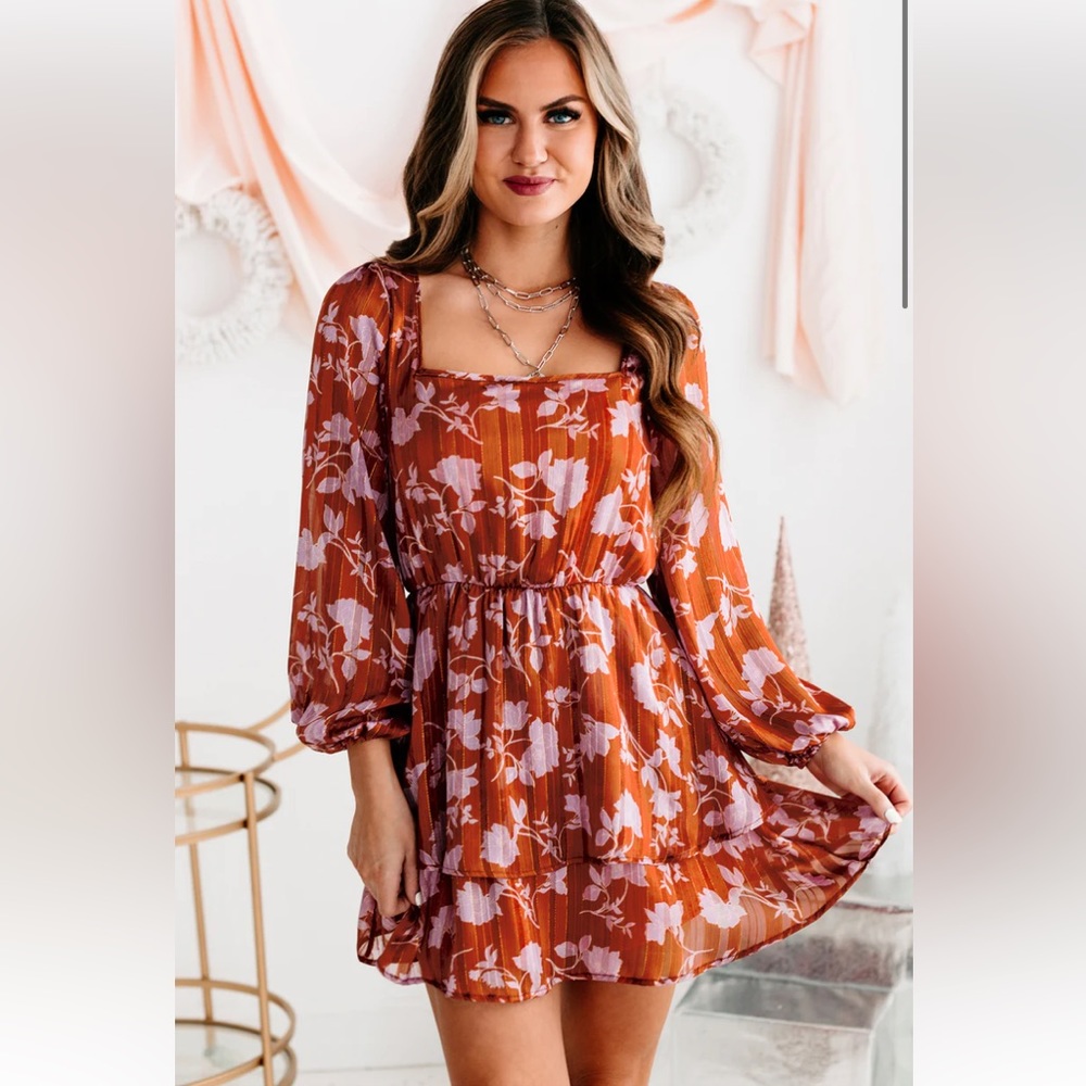VIBRANT PERSONALITY FLORAL/STRIPED LONG SLEEVE MINI DRESS (MARSALA/LAVENDER)